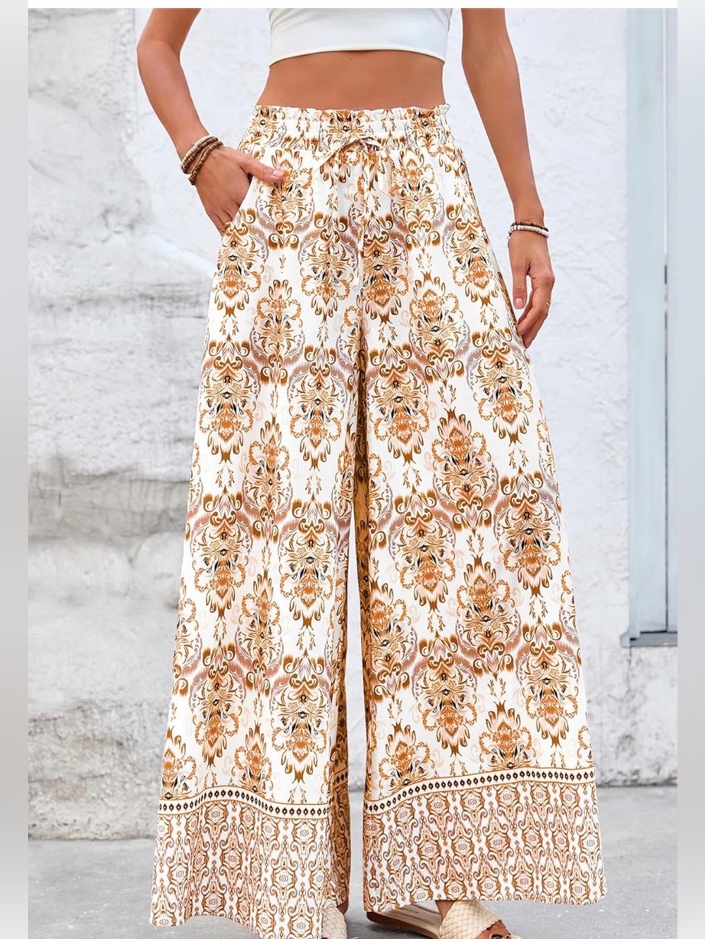 Wide-Leg Bohemian Palazzo Pants in Orange Floral - Picture 3 of 8